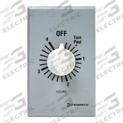 INTERMATIC Spring-Wound Timer: 4 hr Max, SPST, 277V AC, Wall Plate Included, Silver (MPN FF4H). Key specifications — Brand: INTERMATIC; Includes Hold: No Hold Included.