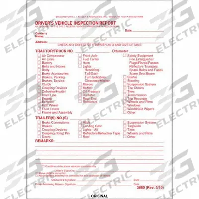 JJ KELLER Detailed Driver Vehicle Inspection Report: Carbonless - All-Type Vehicle Inspection Forms