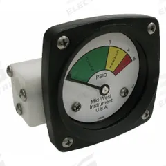 MIDWEST INSTRUMENT 3-Color Differential Pressure Indicator: 1,000 psig Max. Static Pressure, 522 (MPN 522P-005). Key specifications — Brand: MIDWEST INSTRUMENT; Accuracy: ±5% of Full Scale; Sensor Material: Buna-N; Housing Material: Acetal Plastic; Transition Points: 0 psid to 3 psid (Green) / 3 psid to 4 psid (Yellow) / 4 psid to 5 psid (Red).