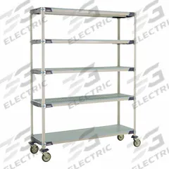 METRO Utility Cart: 62 in x 20 in, 79 in Overall Ht, 5 Shelves, Antimicrobial/Corrosion-Resistant (MPN 5X367EGX3). Key specifications — Resistance Properties: Antimicrobial; Corrosion-Resistant; Shelf Configuration: Standalone; Brand: METRO; NSF Approved: Yes; Number of Shelves: 5; Caster Wheel/Configuration: (2) Swivel Casters; Material: 304 Stainless Steel.