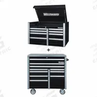 WESTWARD Rolling Cabinet Kit: 18 Drawers, Heavy Duty, Keyed, 42 in W x 25 3/4 in D x 73 1/2 in H (MPN 361LP7). Key specifications — attr1116680: Black; attr1116684: Ball Bearing; attr1116690: WESTWARD; attr1116659: Keyed; attr1116661: Top Chest 42 in W x 25-3/4 in D x 24-3/4 in H.