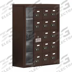 SALSBURY INDUSTRIES Cell Phone Locker: 24 in x 9 1/4 in x 31 in, 5 Tiers, 3 Units Wide, 14 Lockers (MPN 19158-15ZSC). Key specifications — Mounting Style: Surface; Brand: SALSBURY INDUSTRIES; Handle Type: None; Locker Color: Bronze; Locker Material: Aluminum; Frame Assembled: Assembled; Lock Type: Combination.