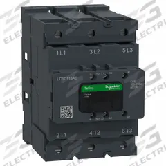 SCHNEIDER ELECTRIC IEC Contactor: Non-Reversing, 3 Poles, 3NO Contacts, 115 A, 120V AC/240V AC Coil (MPN LC1D115A6KUE). Key specifications — Brand: SCHNEIDER; Integrated Surge Suppression: Yes.