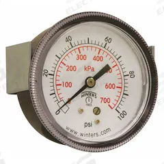 WINTERS Panel-Mount Pressure Gauge: U-Clamp, 0 psi to 100 psi, 2 1/2 in Dial, 1/4 in NPT Male, IP52 (MPN P9U901439UC). Key specifications — Accuracy: ±2-1-2%; Brand: WINTERS; Vibration Resistance Properties: Dry Case Vibration-Dampened; Gauge Wetted Parts: Brass / Bronze.