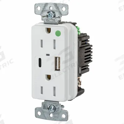 HUBBELL Receptacle: Duplex, 5-15R, 2 USB Ports, USB Type A/C, White, 125V AC - Hospital-Grade Receptacles with USB Chargers