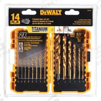 DEWALT Jobber Length Drill Bit Set: 14 Pc, 1/16" to 1/2", 135° Pilot Point, TiN-Coated HSS (MPN DW1354). Key specifications — attr1236168: ToughCase®+.