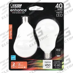 FEIT ELECTRIC Compact LED Bulb: Candelabra Screw (E12), LED, (A) Classic, A15, 5 W Watt, 2700K (MPN BPA1540C/927CA/2). Key specifications — Bulb Shape: A15; Voltage: 120V AC; Bulb Finish: Frosted; Color Temperature: 2700K; Brand: FEIT ELECTRIC.