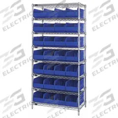 QUANTUM STORAGE SYSTEMS Bin Shelving: 36 in x 18 in x 74 in, 1 Sided, 28 Bins, Open, Shelf Bin, Blue (MPN WR8-463BL). Key specifications — Includes Bins: Yes; Bin Material: Polypropylene; Frame Color: Silver; Bin HxWxD: (28) 7 in x 8-1/4 in x 18 in; Frame Material: Steel; Bin Color: Blue; Bin Style: Shelf; Brand: QUANTUM STORAGE SYSTEMS.
