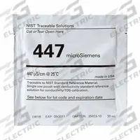 OAKTON Conductivity Calibration Solution: ACS, 20 mL Volume, Liquid, 447 microsiemens, Foil, 20 (MPN 35653-10). Key specifications — Brand: OAKTON; CAS Number: 7732-18-5; Chemical Family Type: Solution; Chemical Grade: ACS; Concentration: 447 microsiemens; Container Material: Foil; Container Type: Pouch; Form: Liquid.