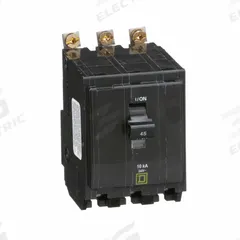 SQUARE D Miniature Circuit Breaker: 45 A, 120/240V AC, Three Phase, 10kA at 120/240V AC, 3 Poles (MPN QOB345). Key specifications — Phase: Three; Amps: 45 A; AC Voltage Rating: 120/240V AC; Max. AIR Rating: 10kA at 120/240V AC; For Use With: Square D NQOD Panelboards; Brand: SQUARE D.