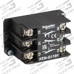 SCHNEIDER Contact Block: 22 mm Panel Mounting Size, 2NO/1NC, Momentary/Make Before Break (MPN XENG1191). Key specifications — Switch Action: Momentary/Make Before Break; Terminal Connection Type: Screw Clamp Terminals; Brand: SCHNEIDER; Compatible with Series: XACA.