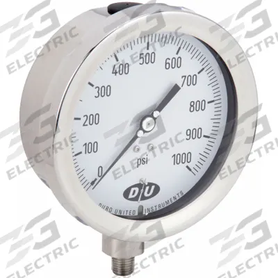 DURO Industrial Pressure Gauge: 0 psi to 1,000 psi, White, 4 1/2 in Dial, 1/4 in NPT Male - All-Stainless Steel Wetted Parts & Casing