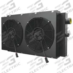 AKG Forced Air Oil Cooler: 66 hp Heat Removed, 80 gpm Max. Flow, 250 psi Max. Pressure, 24V DC (MPN DCSB60-24-BP25-3). Key specifications — attr96059: SAE #20; attr96056: IP 68; attr96057: 24V DC; attr98919: AKG.