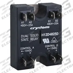 CRYDOM Dual Solid State Relay: Surface Mounted, 25 A Max Output Current, SCR, AC Output (MPN H12D4825D). Key specifications — Brand: CRYDOM; Current Type: DC; Electrical Connection: Screw Clamp; Finger Safe: No; Input Current: 12 mA; Maximum Output Current without Heat Sink: Not Recommended; Mounting Style: Panel; Output Voltage: 48 to 530V AC.