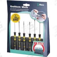 WERA ESD Safe Screwdriver Set: 1-10 Pieces, 6 Pieces, Phillips/Slotted Tip, Ergonomic Grip, Rack (MPN 05030170001). Key specifications — attr1205274: WERA; attr1205269: 1/16 in.