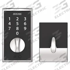 SCHLAGE RESIDENTIAL Electronic Keyless Lock: 1 3/4 in Door Thick - Max, Push Button, Chrome (MPN BE375 CEN 625). Key specifications — Power Source: 9V Battery.