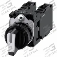 SIEMENS Selector Switch: 22 mm Panel Mounting Size, 3 Positions, Short Lever, 2NO/2NC, Non-Metallic (MPN 3SU1100-2BM60-1LA0). Key specifications — AC Contact Rating: 10 A @ 600 V; Action: Momentary/Momentary/Momentary; Cam: No Cam Included; DC Contact Rating: 1 A @ 600 V; Hazardous Location Specification: Not Rated; Operator Head Material: Plastic; Operator Head Type: Short-Handled Knob; Operator Illumination: Illuminated.