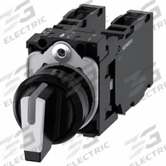 SIEMENS Selector Switch: 22 mm Panel Mounting Size, 3 Positions, Short Lever, 2NO/2NC, Non-Metallic (MPN 3SU1100-2BM60-1LA0). Key specifications — AC Contact Rating: 10 A @ 600 V; Action: Momentary/Momentary/Momentary; Cam: No Cam Included; DC Contact Rating: 1 A @ 600 V; Hazardous Location Specification: Not Rated; Operator Head Material: Plastic; Operator Head Type: Short-Handled Knob; Operator Illumination: Illuminated.