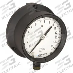 ASHCROFT Process Pressure Gauge: 0 psi to 15 psi, White, 4 1/2 in Dial, 1/2 in NPT Male, Bottom, 4X (MPN 451379ASL04L15#). Key specifications — Brand: ASHCROFT; Pointer Color: Black; Accuracy: ±0.5%; Dial Color: White; Gauge Wetted Parts: Brass / Bronze; Case Material: Epoxy-Coated Aluminum; Vibration Resistance Properties: Liquid-Filled; Pressure Range: 0 psi to 15 psi.