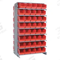 QUANTUM STORAGE SYSTEMS Pick Rack: 36 in x 24 in x 60 in, 2 Usable Sides, 16 Shelves, 144 Bins, Red (MPN QPRD-501RD). Key specifications — Bin HxWxD: (144) 4-5/8 in x 3-3/4 in x 11-5/8 in; Frame Material: Steel; Frame Color: Silver; Bin Color: Red; Brand: QUANTUM STORAGE SYSTEMS.