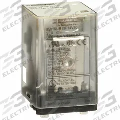 SCHNEIDER General Purpose Relay: Socket Mounted, 10 A Current Rating, 120V AC, 3PDT, C Socket (MPN 8501KUR13P14V20). Key specifications — Brand: SCHNEIDER; Base Type: Square; Mounting Style: Socket; Pin Shape: Flat; Electrical Connection: Quick-Connect; Manufacturer Part Number: 8501KUR13P14V20; Series: Square D 8501K Series.