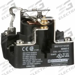 SCHNEIDER Open Power Relay: Surface Mounted, 30 A Current Rating, 120V AC, SPDT, 5 Pins/Terminals (MPN 8501CO15V20). Key specifications — Brand: SCHNEIDER; Base Type: Square; Mounting Style: Through Panel; Electrical Connection: Screw Clamp; Manufacturer Part Number: 8501CO15V20; Series: 8501C Series.