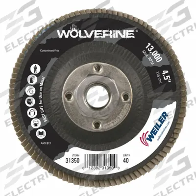 WEILER Flap Disc: Type 29, 4-1/2" x 5/8"-11, Zirconia Alumina, 40 Grit, Phenolic Bk - High-Performance Flap Discs for Carbon & Stainless Steel