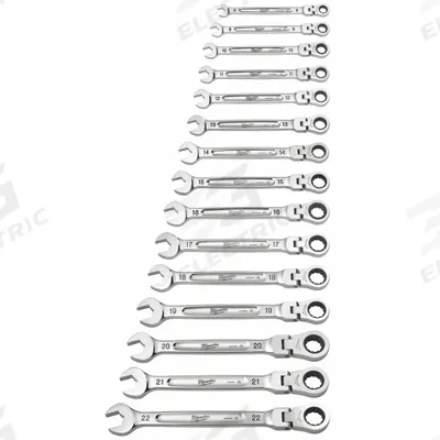 MILWAUKEE Combination Wrench Set: Steel, Chrome Vanadium, 15 Tools, Flex - Metric 12-Point Ratcheting Combination Wrench Sets