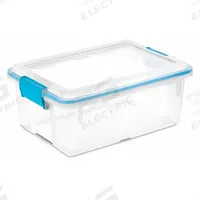 STERILITE Storage Tote: 3 gal, 16 1/8 in x 11 1/4 in x 6 3/4 in, Clear Body Body, Blue Lid, Blue (MPN 19424306). Key specifications — attr1188666: Plastic; attr1188675: Clear Body; attr1188676: Blue; attr1188687: STERILITE.