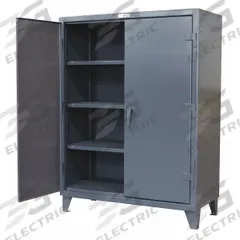 STRONG HOLD Storage Cabinet: 48 in x 24 in x 78 in, Swing Handle & Padlock Hasp, 12 ga Panel Thick (MPN 46-244). Key specifications — attr62698: Dark Gray; attr62736: Welded; attr87895: Legs; attr62693: Assembled; attr62737: Stationary; attr62694: Adjustable; attr62695: Baked Enamel; attr62696: Steel.