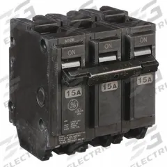 GE Miniature Circuit Breaker: THQL, 15 A, 120/240V AC, Three Phase, 10kA at 120/240V AC, Std (MPN THQL32015). Key specifications — Amps: 15 A; AC Voltage Rating: 120/240V AC; Phase: Three; Max. AIR Rating: 10kA at 120/240V AC; For Use With: Power Mark Gold Load Centers and AQ Lighting Panels.