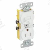 Combination Device: Toggle Switch, 5-15R, White, 120V AC, 15 A (MPN RC108W). Key specifications — Brand: BRYANT.