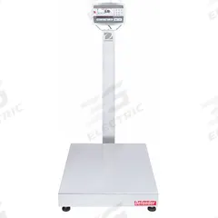 OHAUS Industrial Bench Scale: 23 5/8 in x 31 1/2 in, IP67, Column-Mounted, Defender 5000 (MPN 30461706). Key specifications — Connection Ports: 2 In/4 Out Discrete I/O; Readability: 0.05 lb/20 g; Brand: OHAUS; Weighing Surface Material: Stainless Steel.