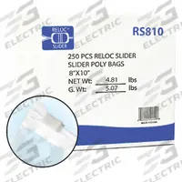 RELOC ZIPPIT Reclosable Bag: 2 mil Thick, 8 in Wd, 10 in Lg, Hang Hole Not Included, Box, 250 PK (MPN RS810). Key specifications — Bag Material: Polypropylene; Brand: RELOC ZIPPIT; With Hang Hole: Hang Hole Not Included; Package Configuration: Box.