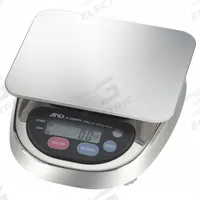 A&D WEIGHING Food Scale: 5 in Weighing Surface Dp, 5 in Weighing Surface Wd, 2 1/2 in Overall Ht (MPN HL-3000WPN). Key specifications — Readability: 0.002 lb/1 g; Brand: A&D WEIGHING; IP Rating: IP65.
