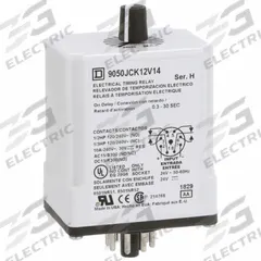 SCHNEIDER Single Function Time Delay Relay: Socket Mounted, 24V AC/DC, 10 A, 8 Pins/Terminals (MPN 9050JCK12V14). Key specifications — Contact Rating (AC): 10 A @ 120/240V; Brand: SCHNEIDER.