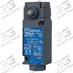 EATON Plunger Limit Switch: Plunger Actuator, Momentary/Momentary, Metallic, 8 ozf Op Force - Min (MPN E50BS16P). Key specifications — Manufacturer Part Number: E50BS16P; Brand: EATON; Electrical Connection: 8 ft Cable; Action: Momentary/Momentary; Series: E50; Body Material Type: Metallic; Actuator Type: Plunger.