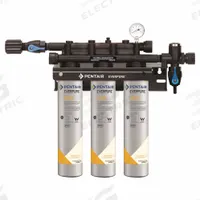 EVERPURE Water Filtration System: 5 micron, 7.5 gpm, 45,000 gal, 19 in Overall Ht, 21 in Overall Dia (MPN EV920223). Key specifications — Connection Type: NPT; Filter Media: Carbon; Reduces: Bacteria; Brand: EVERPURE.