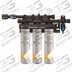EVERPURE Water Filtration System: 5 micron, 7.5 gpm, 45,000 gal, 19 in Overall Ht, 21 in Overall Dia (MPN EV920223). Key specifications — Connection Type: NPT; Filter Media: Carbon; Reduces: Bacteria; Brand: EVERPURE.