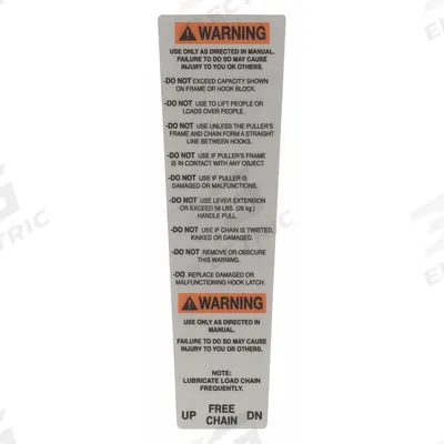 CM Warning Label: Lever Chain Hoists, 1,500 lb Compatible Load Capacity, 640 - Warning Labels for Hoists