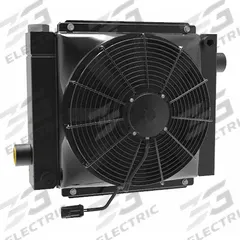 AKG Forced Air Oil Cooler: 36 hp Heat Removed, 80 gpm Max. Flow, 377 psi Max. Pressure, 12V DC (MPN D36-12-BP45). Key specifications — attr96059: SAE #20; attr96056: IP 68; attr96057: 12V DC; attr98919: AKG.