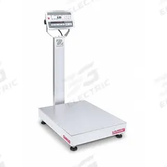 OHAUS Industrial Bench Scale: 18 in x 24 in, IP67, Column-Mounted, Defender 5000, Stainless Steel (MPN 30461698). Key specifications — Connection Ports: 2 In/4 Out Discrete I/O; Readability: 0.01 lb/5 g; Brand: OHAUS; Weighing Surface Material: Stainless Steel.