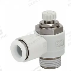 SMC Speed Control Valve: Elbow Fitting, Screw, 1/4 in/1/8 in Valve Body Size, 3/16 in Tube (MPN AS2201FG-N01-05S). Key specifications — attr947203: Stainless Steel; attr947205: SMC.