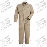 BULWARK Coverall: 11 cal/sq cm ATPV, Men's, L, Tall, 42 in Max. Chest Size, 42 1/2 in Max Waist Size (MPN CEC2KH LN 42). Key specifications — Entry Closure Type: Zipper; Brand: BULWARK; Coverall Collar Style: Lay-Flat; Color: Khaki.