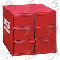 DURHAM MFG Drawer Bin Cabinet: 11 3/4 in x 11 3/4 in x 11 in, 6 Drawers, Stackable, Steel, Red (MPN 001-17-S1157). Key specifications — Cabinet Material: Steel; Includes Dividers: No; Drawer Color: Red; Cabinet Style: Drawer; Drawer Inside WxDxH: (6) 4-7/8 in x 11-1/4 in x 2-3/4 in; Cabinet Color: Red; Drawer Material: Steel; Brand: DURHAM MFG.