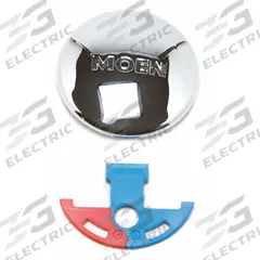 MOEN Index Button: Metal, Chrome, For Single-Handle Handle Type, Color Index, Blue/Red (MPN 100021). Key specifications — Material: Metal; Brand: MOEN; For Handle Type: Single-Handle; Color/Finish: Chrome; Index Color: Red; Index Style: Color.