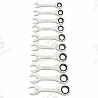 GEARWRENCH Combination Wrench Set: Alloy Steel, Full Polish Chrome, 10 Tools, Std, 12-Point Box End (MPN 86850). Key specifications — attr309581: Full Polish Chrome; attr309580: Alloy Steel; attr309571: No; attr309583: No; attr309587: Yes; attr324931: GEARWRENCH; attr309569: 10 mm to 19 mm.