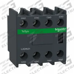 SCHNEIDER Auxiliary Contact Block: 3NO/1NC, 10 A Max Current (AC), Front Mount, Front-Mounted (MPN LADN31). Key specifications — Brand: SCHNEIDER; Compatible with Series: TeSys F.