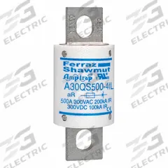Fuses: A30QS Series, 500 A, 300 V AC, 300 V DC DC Volt Rating, Indicating (MPN A30QS500-4IL). Key specifications — Series: A30QS; Brand: MERSEN; Voltage Type: AC/DC.
