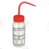 DYNALON Wash Bottle: 250 mL, Write-On, Red, Wide, Std Spout Spout, Colorless, 60 mm Body Dia (MPN 506995-0003). Key specifications — Closure Color: Red; Vented/Nonvented: Vented; Body Color: Colorless; Brand: DYNALON; Imprinting Group: No Imprinting or Write On.